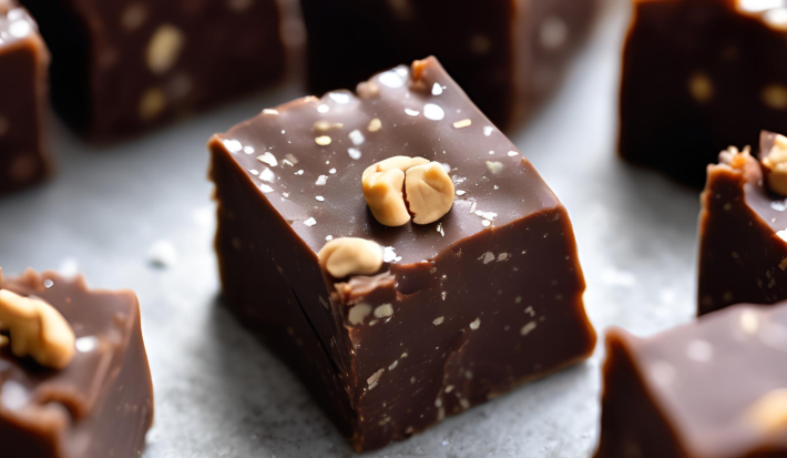 Fotografia de quadradinhos de chocolate com amendoim dentro.
