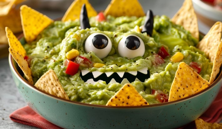 Fotografia mostra guacamole cremoso em formato de monstro verde, com olhos de ovo e azeitona, dentes de queijo e nachos crocantes formando espinhos ao redor.