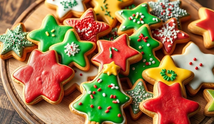 Em cima de uma mesa, prato com biscoitos em formato de estrelas e árvores de Natal, decorados com glacê branco, verde e vermelho e confeitos coloridos.