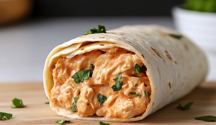 Wrap recheado com frango cremoso e queijo derretido.