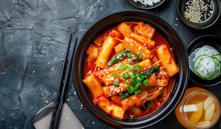 Fotografia vista de cima de um recipiente fundo preto com uma receita de Tteokbokki e cebolinha por cima. Ao lado tem dois hashis pretos sobre uma mesa preta com texturas. Do outro lado tem recipiente pequenos pretos com acompanhamentos.