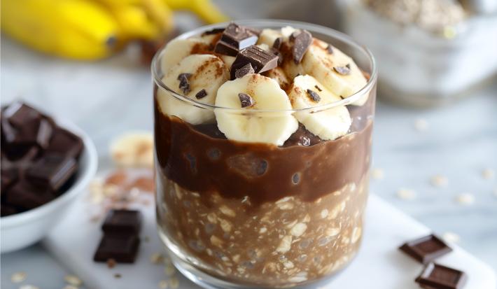 Fotografia em tons de amarelo com um copo de vidro ao centro. Dentro do copo existe uma receita de Overnight Oats com Banana e NINHO Adulto