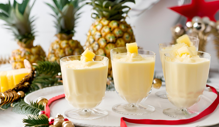 Receita de Delícia Gelada de Abacaxi, fácil e saborosa, feita com abacaxis em cubos, Leite MOÇA, NESTLÉ Creme de Leite e gelatina de abacaxi, servido em taças sobre uma mesa de natal