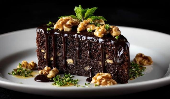 Bolo de chocolate escuro e úmido com nozes na massa, coberto por calda brilhante de chocolate meio amargo. Decorado com nozes inteiras e folhinhas de hortelã, servido de forma elegante em um prato branco.