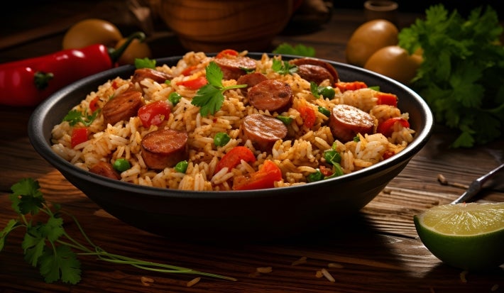 Em cima de uma mesa, prato de porcelana preta com arroz soltinho, calabresa cortada em rodelas, pimentão vermelho picado em cubinhos e ervilhas.