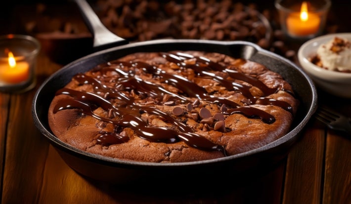 Fotografia de chocolate assado em uma frigideira de ferro fundido, com chocolate derretido por cima.