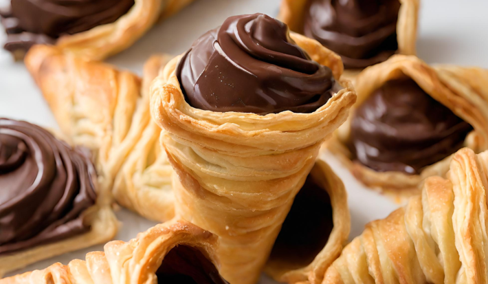 Fotografia mostra uma massa em formato de cone, douradas, recheadas com chocolate.