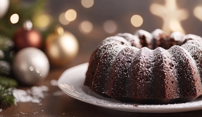 Fotografia de um bolo de chocolate em forma de bundt, em um prato branco, polvilhado com açúcar de confeiteiro. O fundo apresenta decorações natalinas em tons de ouro e prata.