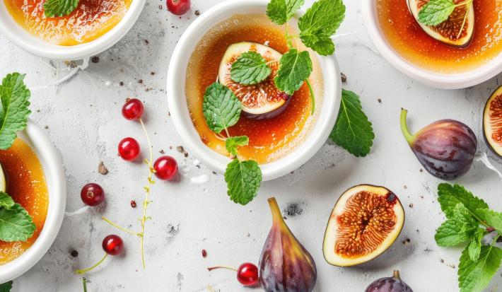 Fotografia vista de cima em tons claros de quatro recipientes brancos fundos com uma sobremesa de figos frescos flambados, com NESTLÉ Creme de Leite. Por cima das sobremesas tem metade de um figo e hortelã, ao redor tem figos, hortelã e cerejas.