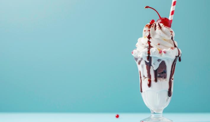 Fotografia de uma taça de vidro grande com soorvete de chocolate com chantilly e cerejas. O fundo da foto tem cor verde água.