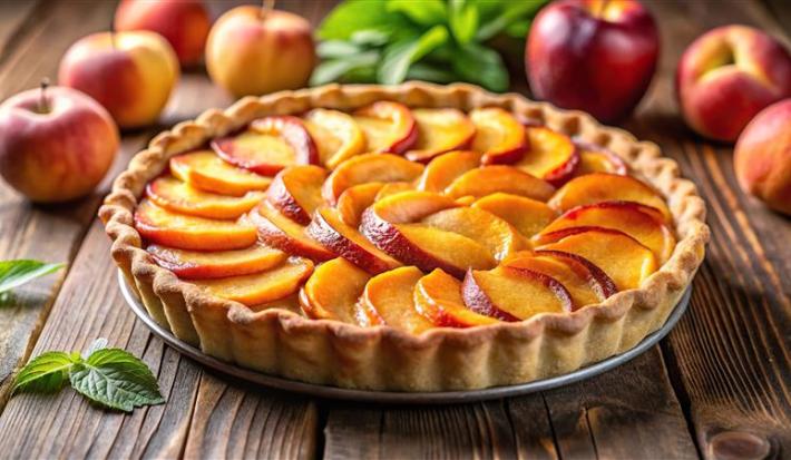 Fotografia de uma torta inteira de pêssego com fatias da fruta decorando todo o superior da sobremesa. A torta está sobre um apoio, o qual está sobre uma mesa de madeira, e ao redor tem várias maçãs e pêssegos inteiros.