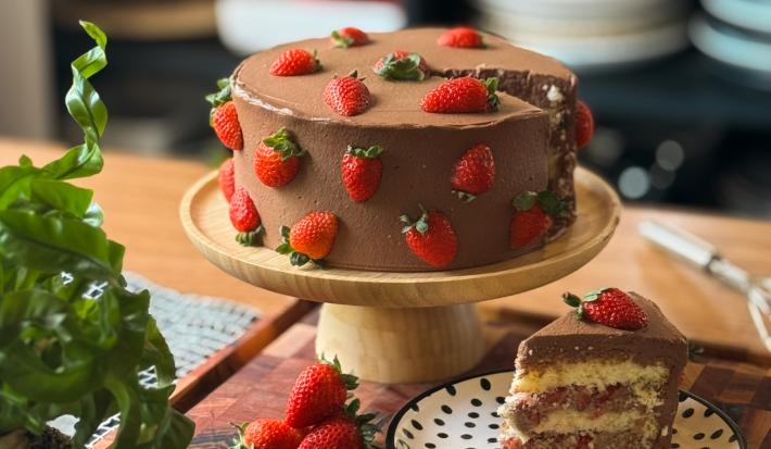 Fotografia em tons de marrom com um bolo de morango ao centro. O bolo possui massa branca e é recheado com camadas de recheio de chocolate e finalizado com morangos.