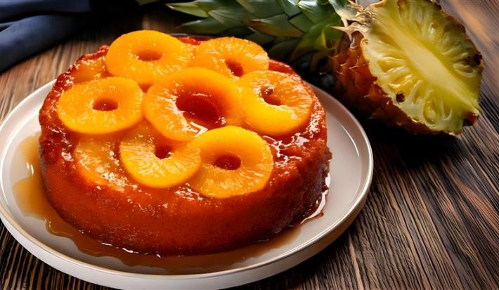 Fotografia de um bolo de abacaxi inteiro assado em forma redonda sem furo. Por cima do bolo tem caramelo e rodelas de abacaxi, e o bolo está apoiado em um prato raso grande de tom claro sobre uma mesa de madeira, ao lado de uma metade de abacaxi.