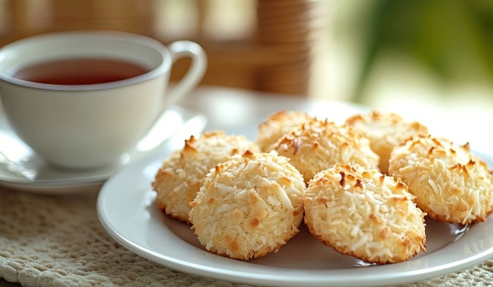 Em cima de uma mesa, prato redondo branco com biscoitos dourado com coco.