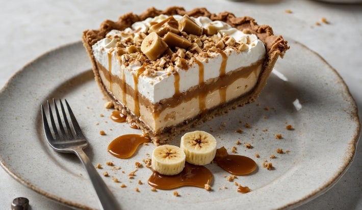 Em cima de uma mesa, prato com fatia de banoffee com massa de biscoitos crocante, doce de leite, chantilly, decorado com bananas e nozes picadas.