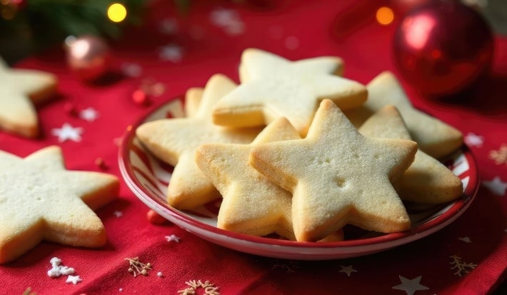 Em cima de uma mesa decorada com bolinhas de natal, prato vermelho redondo com biscoitos em formato de estrelas.