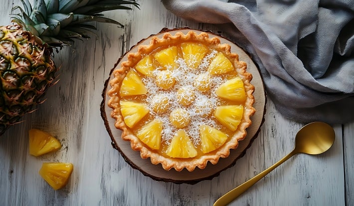 Fotograifa vista de cima de uma torta de abacaxi com coco por cima em um recipiente claro de madeira sobre uma mesa de madeira de tom claro.