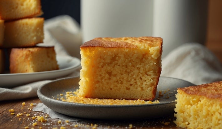 Fotografia de um pedaço de bolo de milho em um prato cerâmico cinza, com crosta dourada e textura úmida. O fundo apresenta um empilhamento de bolos semelhantes.