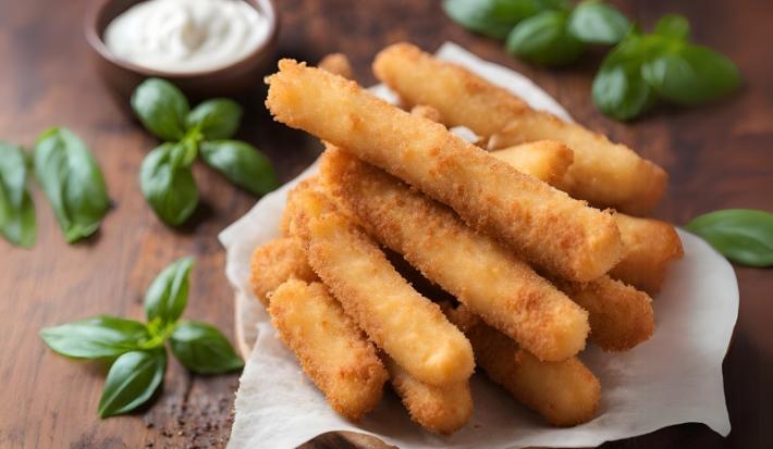 Fotografia de vários palitos de frango com queijo crocantes sobre um apoio de madeira com um papel manteiga por cima. O apoio está sobre uma mesa de madeira mais escura, com várias folhas espalhadas.