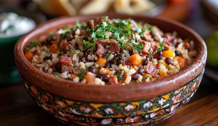 Imagem de um bowl rústico om a receita de Baião de Dois polvilhado com salsinha.