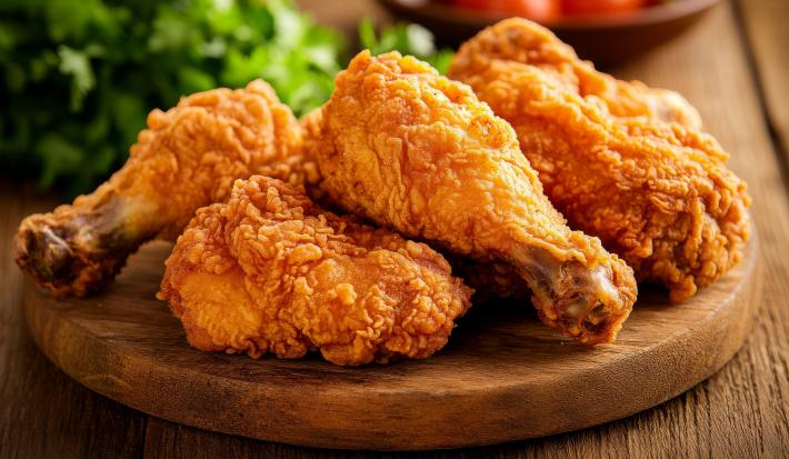 imagem de uma porção de coxinhas de frango empanadas e douradas sobre uma tábua de madeira, em tons dourados e caramelos. Ao fundo, folhas verdes decoram o cenário.