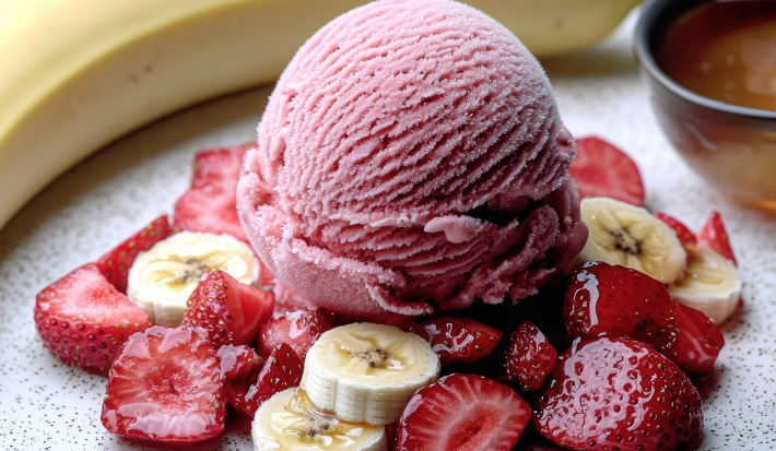 sobre um prato claro está uma bola de sorvete cor de rosa apoiado sobre uma cama de morangos e bananas fatiados. ao fundo, guarnecem o prato uma banana amarela inteira e um pote transparente com mel.