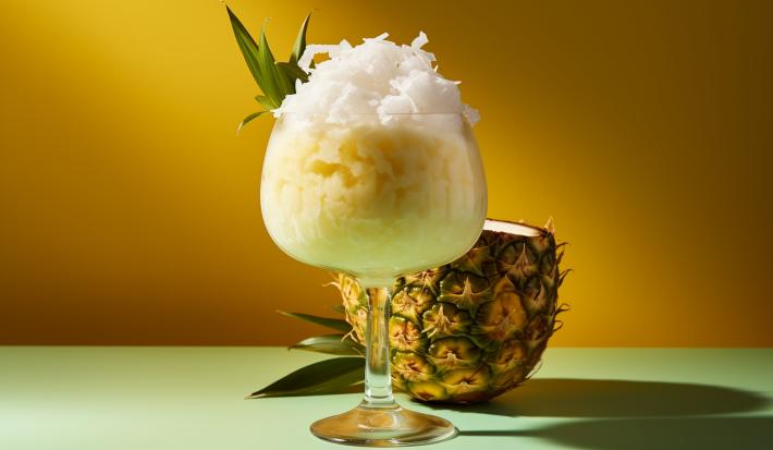 Fotografia de uma taça grande de vidro com gelado de abacaxi e coco, com lascas de coco por cima. A taça está perto de metade de um abacaxi cortado. Fotografia de uma taça grande de vidro com gelado de abacaxi e coco, com lascas de coco por cima. A taça está perto de metade de um abacaxi cortado.