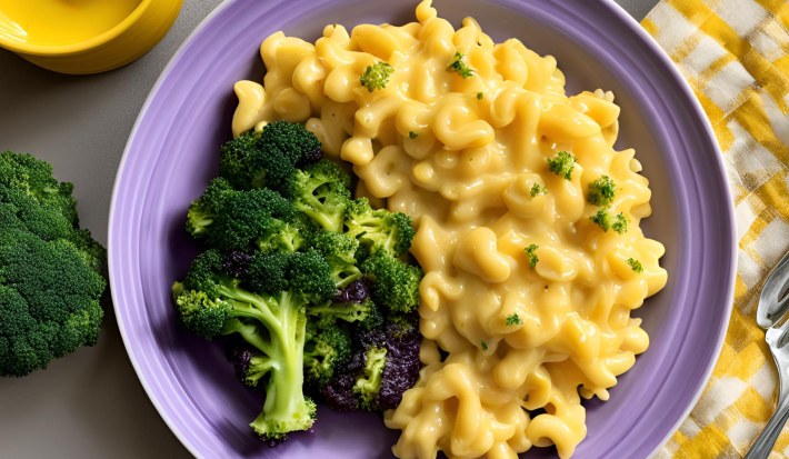 Fotografia em tons de roxo e amarelo com um prato roxo ao centro. Dentro do prato existe uma receita de Mac'n Cheese com brócolis.