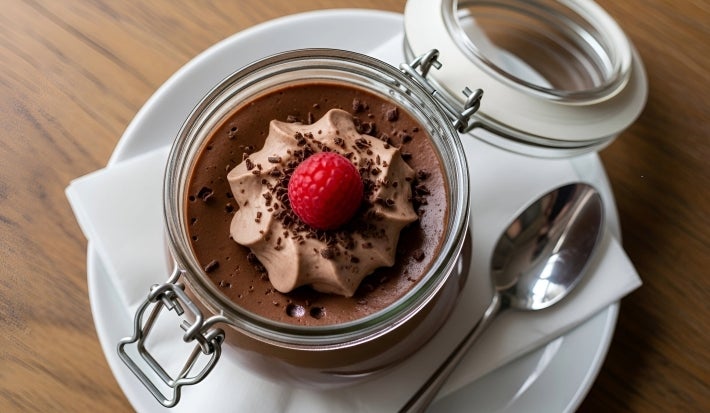 Fotografia de um pote de vidro decorativo com tampa, aberto, com a sobremesa dentro, finalizado com ganache, granulado, chantilly de chocolate e uma framboesa por cima. O pote está sobre um prato de vidro branco, raso, com um paninho branco dobrado.