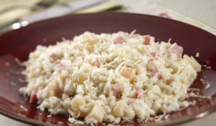 fotografia em tons de cinza e marrom de uma bancada cinza, contém um prato redondo marrom com o Risoto.