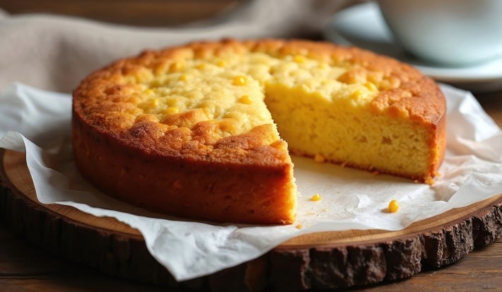 Fotografia de um bolo de milho redondo, com crosta dourada e interior macio, com uma fatia cortada, sobre papel-manteiga, em um cenário aconchegante com uma xícara desfocada ao fundo.