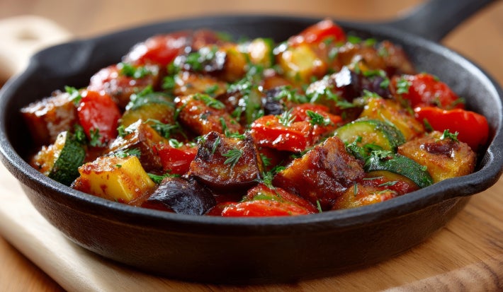 Fotografia mostra uma caponata colorida servida em um bowl rústico, com cubos de berinjela dourada e pimentão.