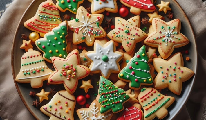 Em cima de uma mesa, prato com biscoitos em formato de estrelas, sinos e árvores de Natal, decorados com glacê colorido e confeitos coloridos de bolinhas verde e vermelho.