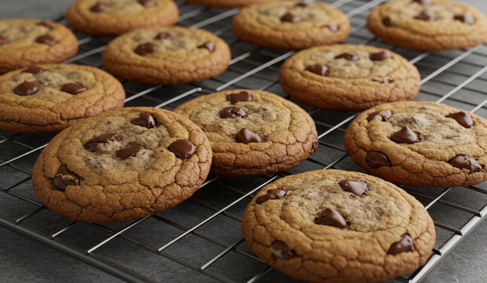 Em cima de uma mesa, uma grade com biscoitos com gotas de chocolate.