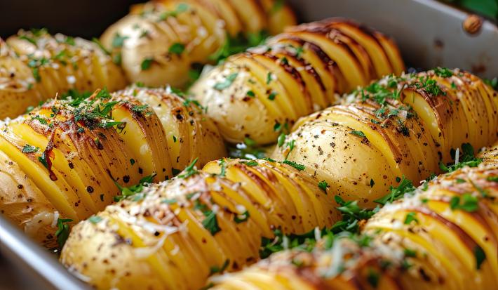 Fotografia de várias batatas gratinadas e cortadas em pequenas tiras dentro de um recipiente cobertas com queijo e folhas verdes
