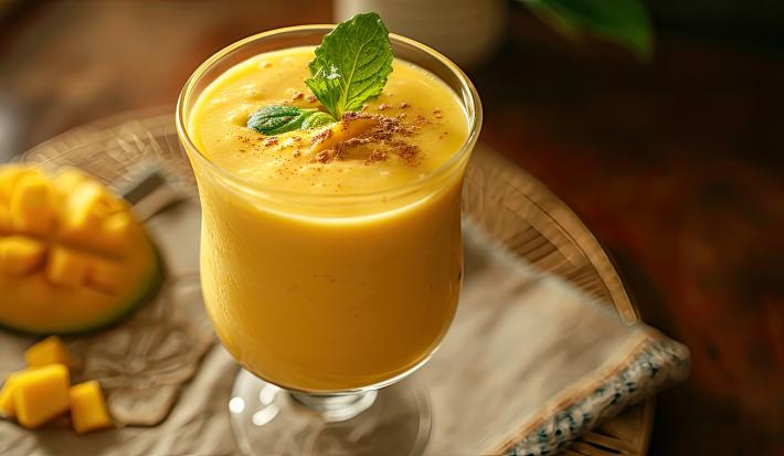 Fotografia em tons de amarelo com uma taça de vidro ao centro. Dentro da taça existe uma receita de mousse de manga com um ramo de hortelã por cima. Ao fundo existe uma manga inteira cortada ao meio.