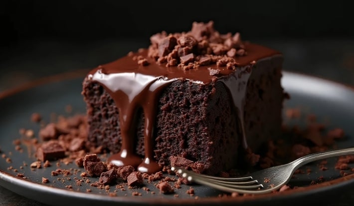 Fotografia de um pedaço de bolo de chocolate em um prato escuro. O bolo é rico e úmido, coberto com ganache brilhante e decorado com pedaços de chocolate.