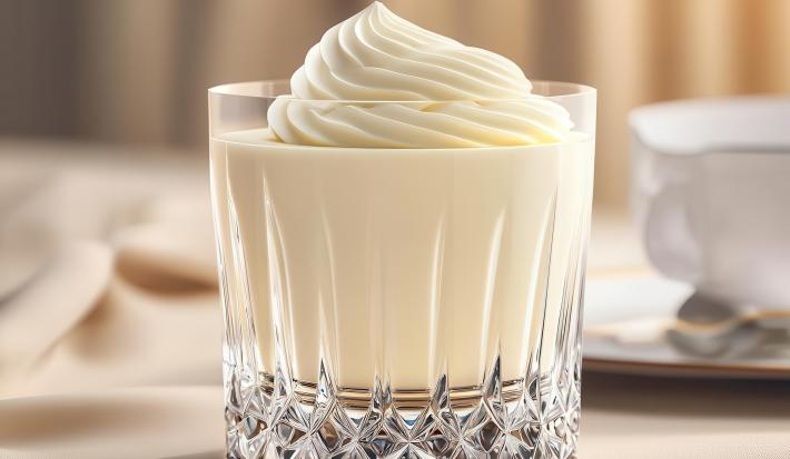 Fotografia de um copo de vidro com mousse de leite ninho e chantilly por cima.