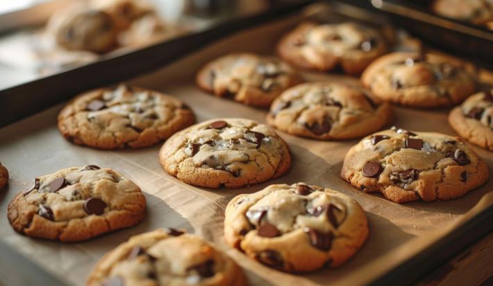 Imagem de uma assadeira com vários cookies com gotas de chocolate um ao lado do outro.