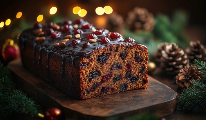 Fotografia de um bolo de frutas natalino, com cobertura de chocolate e decorado com amêndoas e uvas-passas, cercado por pinhas e ramos de pinheiro, transmitindo um clima festivo.