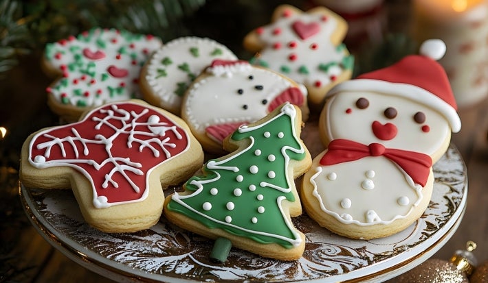 Em cima de uma mesa, prato com biscoitos formato de boneco de neve e árvore de Natal, decorado com glacê colorido e confeitos brancos.