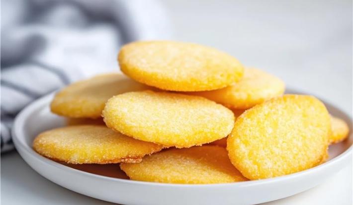 Fotografia em tons claros de um prato médio branco e raso com alguns biscoitos de maizena em formato de círculo. O prato está sobre uma mesa branca.