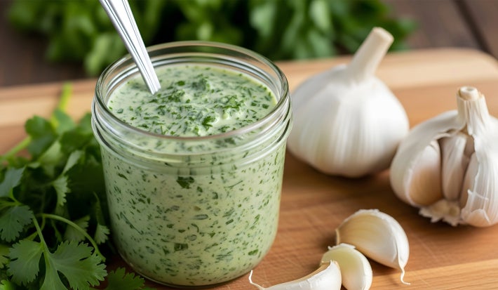 Fotografia mostra um pote transparente com uma maionese verde dentro. O pote está sobre uma tábua de madeira e ao lado tem cabeças de alho.
