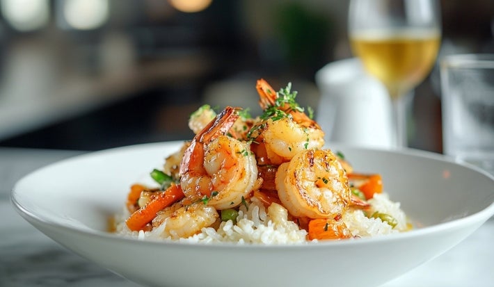Prato redondo com arroz branco soltinho e camarões com legumes.