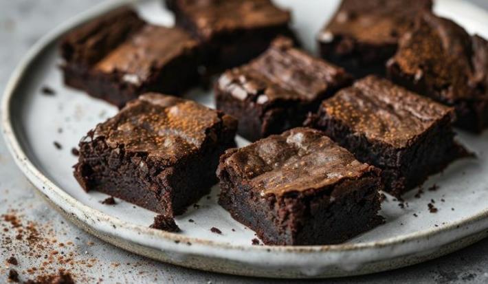 Fotografia de um prato raso de tom cinza claro sobre uma mesa cinza. Dentro do prato tem oito pedaços de brownie.