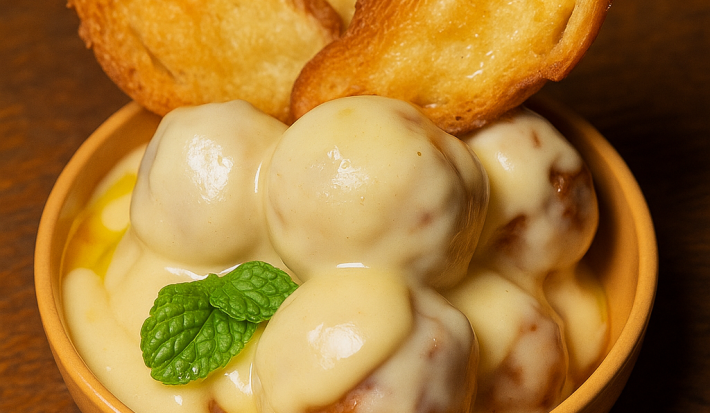 Fotografia de uma receita de Almôndegas de Peixe com Bechamel de Limão Siciliano dentro de um recipiente pequeno amrelo, fundo sobre uma mesa de madeira escura.