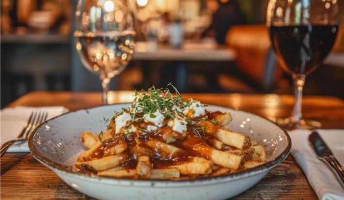Fotografia de um prato fundo azul claro com uma receita de poutine. O prato está sobre uma mesa de madeira de restaurante, ao lado de duas taças, uma com água e a outra com vinho. Também tem garfo e faca sobre ao redor do prato.