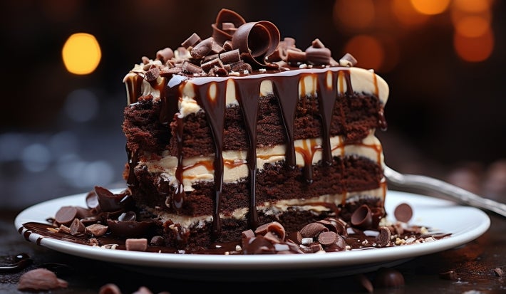 Em cima de uma mesa, prato redondo com pedaço de bolo de chocolate, recheado com creme branco, cobertura de chocolate e chocolate ao leite ralado.