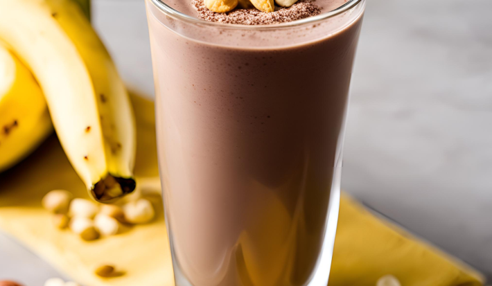Fotografia em tons de amarelo com um copo de vidro ao centro. Dentro do copo existe uma receita de frapê de cacau, amendoim e banana. Ao fundo existe duas bananas.