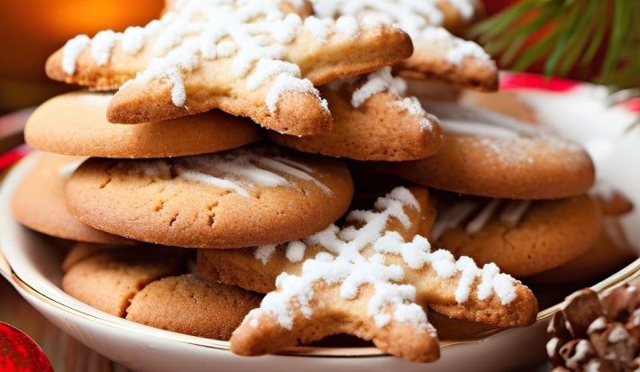Em cima de uma mesa, prato com biscoitos em formato de estrelas e redondos, decorados com glacê branco.